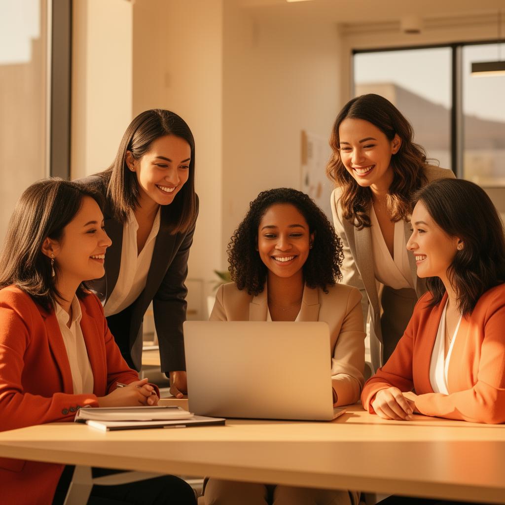 Diverse group of women collaborating on AI work around a laptop in a sunlit modern workspace